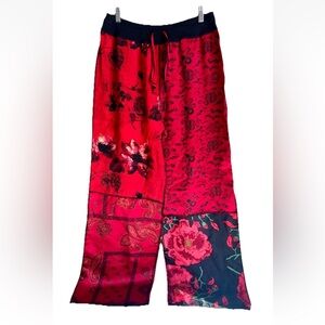 VTG Chico's Design 100% Slik Patchwork Pants Red Floral Paisley Asian Motif Sz 2